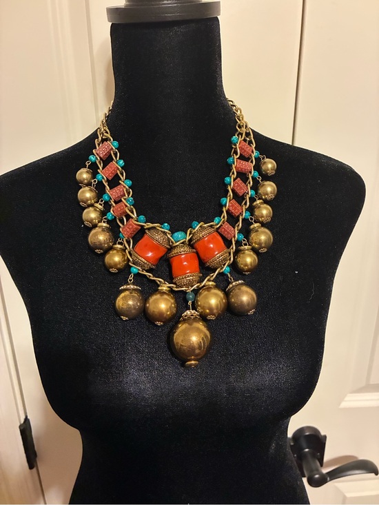 Chico's Jewelry - Chico’s Bold Turquoise and Coral Statement Necklace - Gold Toned Beaded Collar